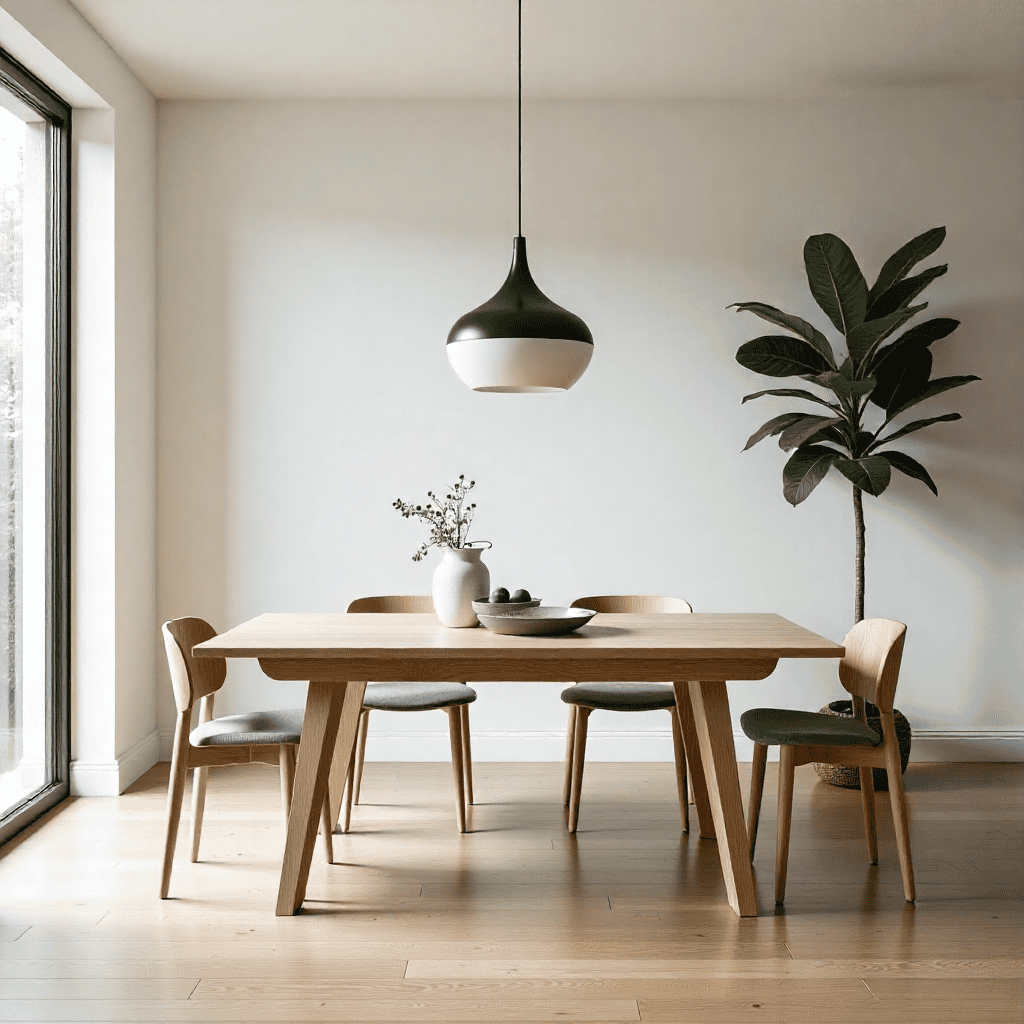 Minimalist dining area with natural wood and soft lighting